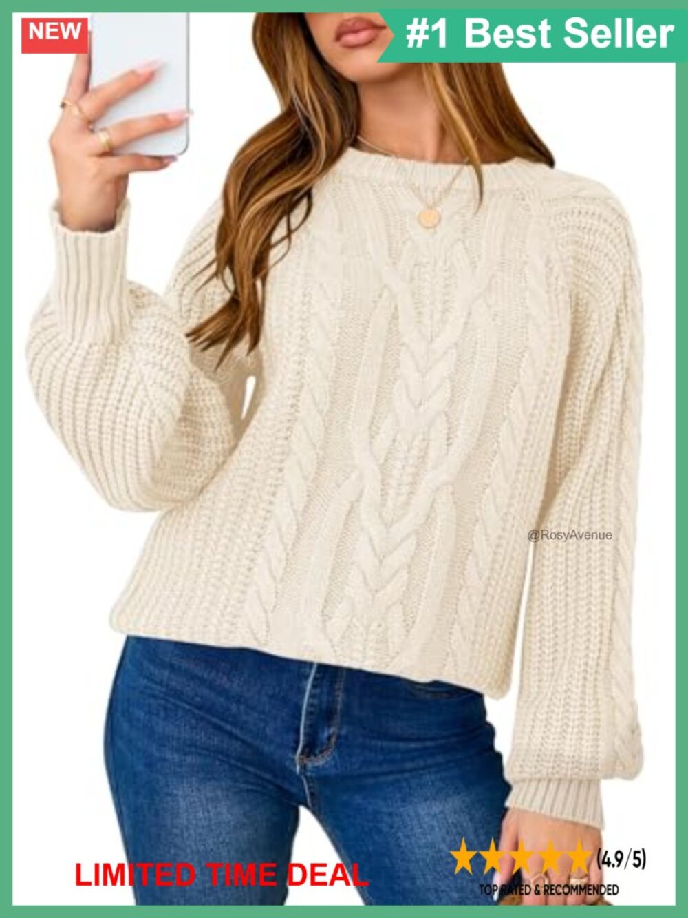 Oversized Chunky Cable Knit Pullover Sweater Long Sleeve Crew Neck